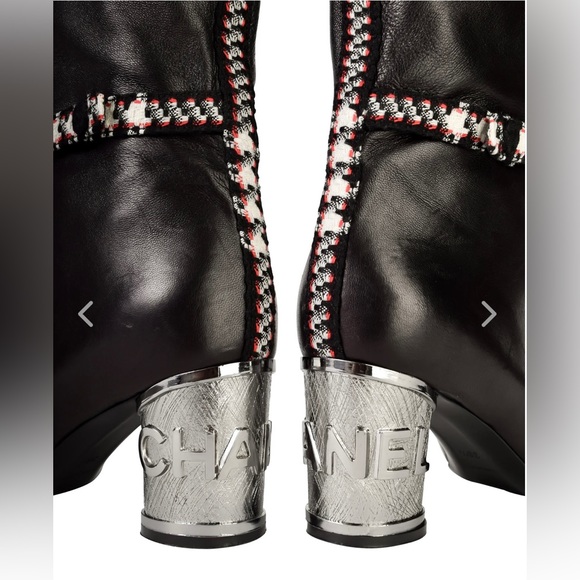 💯Vintage CHANEL Black Lambskin Leather Tweed Heel Thigh High Boots - Picture 6 of 8